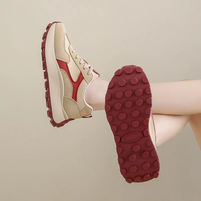 Women's low-top lace-up platform sports shoes in card black, khaki red, or white grey with rubber sole.