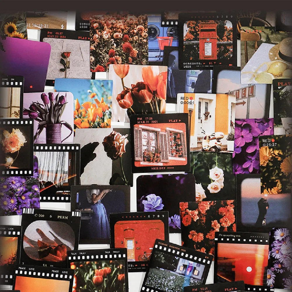 Box of Nordic-themed decorative stickers showing designs like flowers, roses, and sunset scenes, each sticker 44mm square.