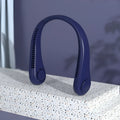 Blue USB rechargeable bladeless neck fan with adjustable speed settings and ergonomic neckband