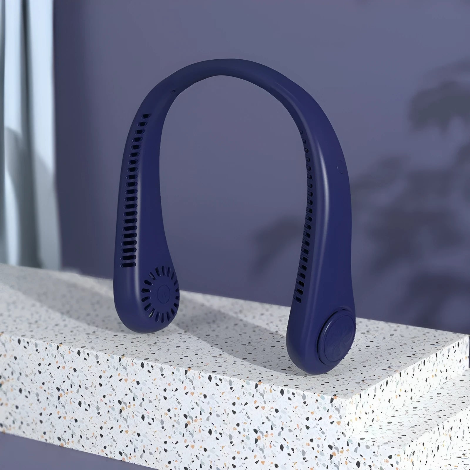 Blue USB rechargeable bladeless neck fan with adjustable speed settings and ergonomic neckband