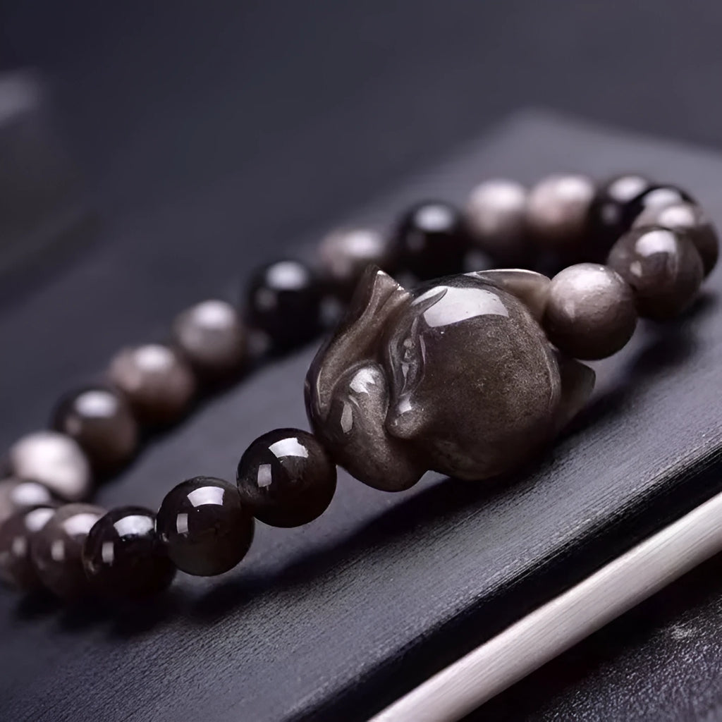 Obsidian fox bracelet with 8mm gemstone beads and fox charm pendant