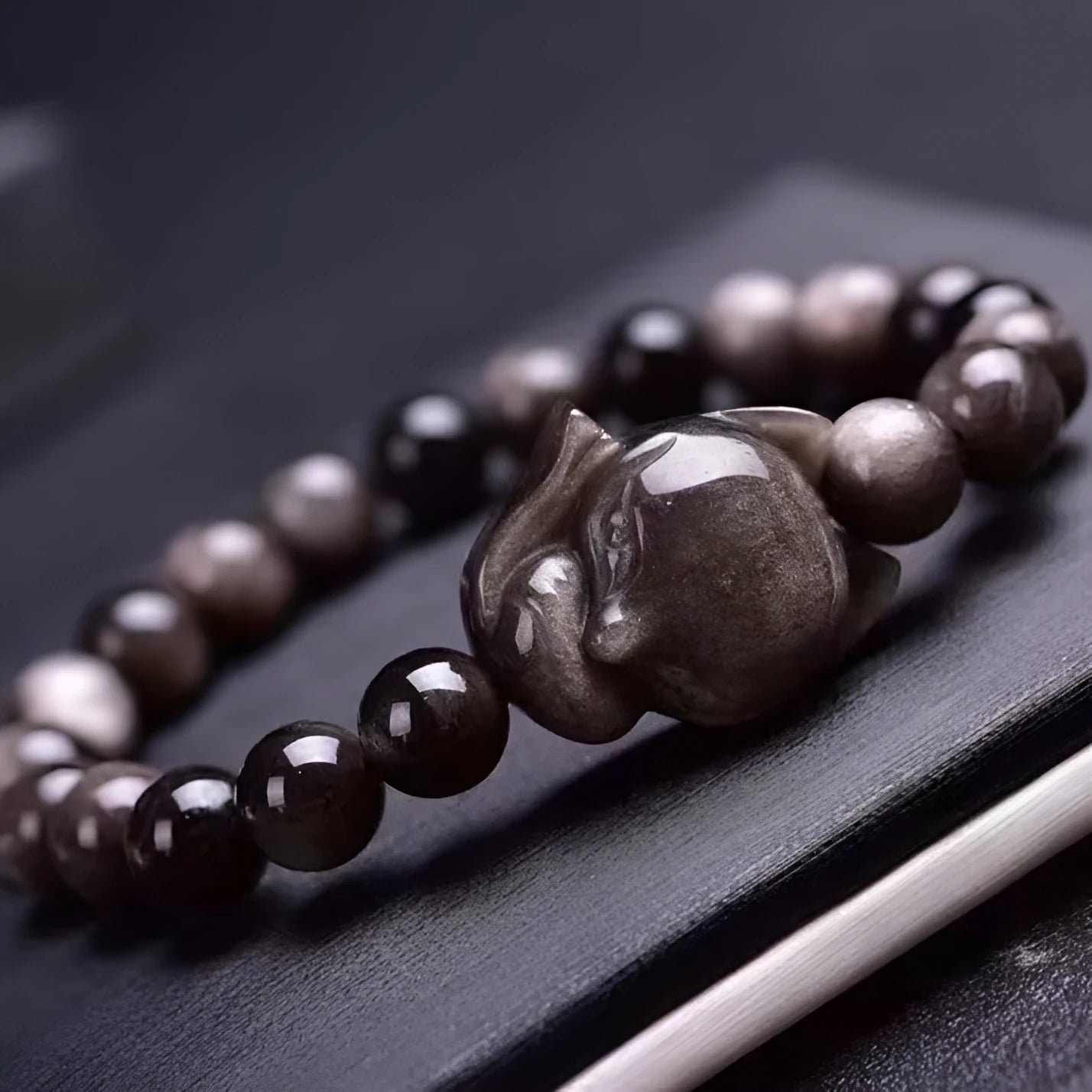 Obsidian fox bracelet with 8mm gemstone beads and fox charm pendant