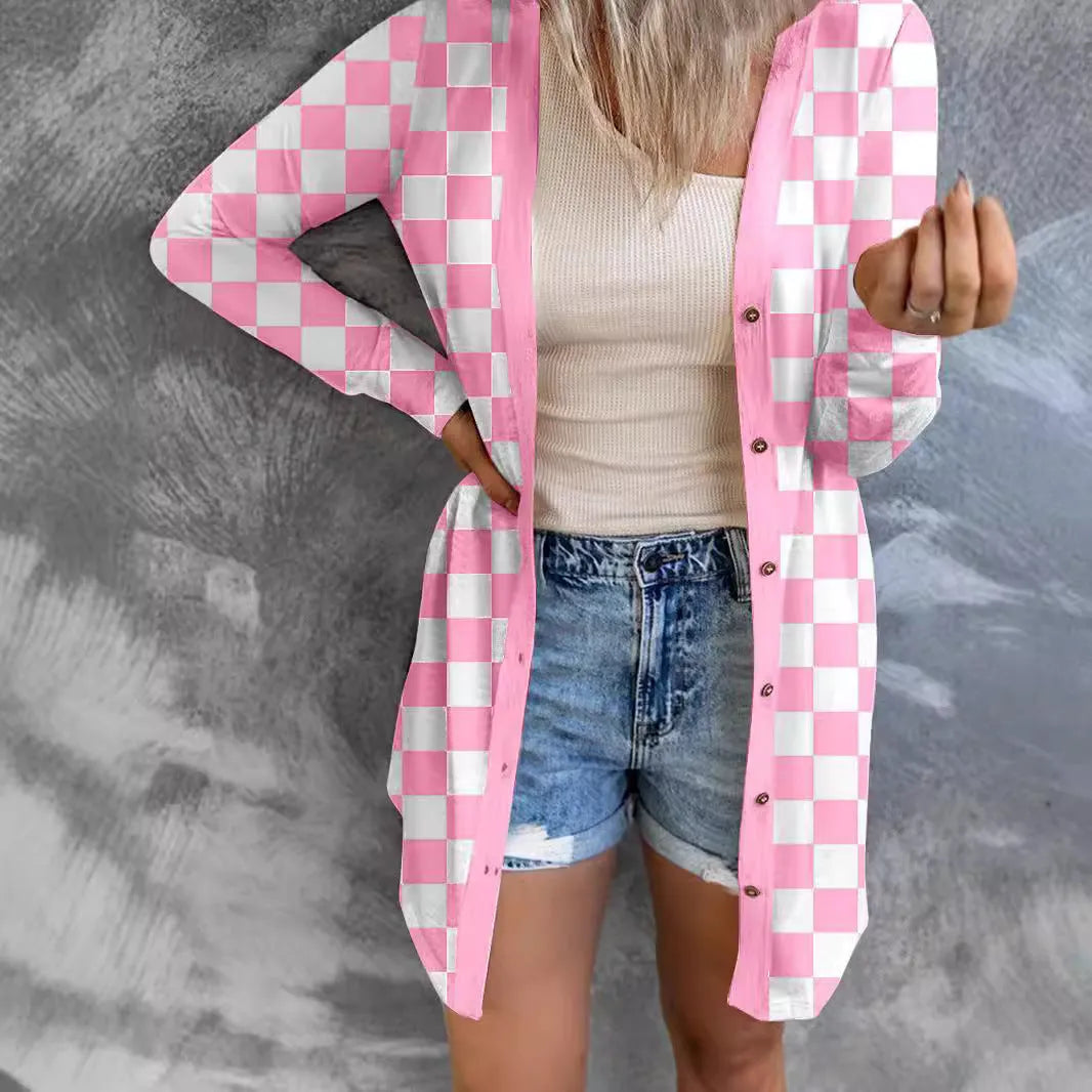 Women's long plaid cardigan coat in loose fit with contrast pattern and regular sleeves