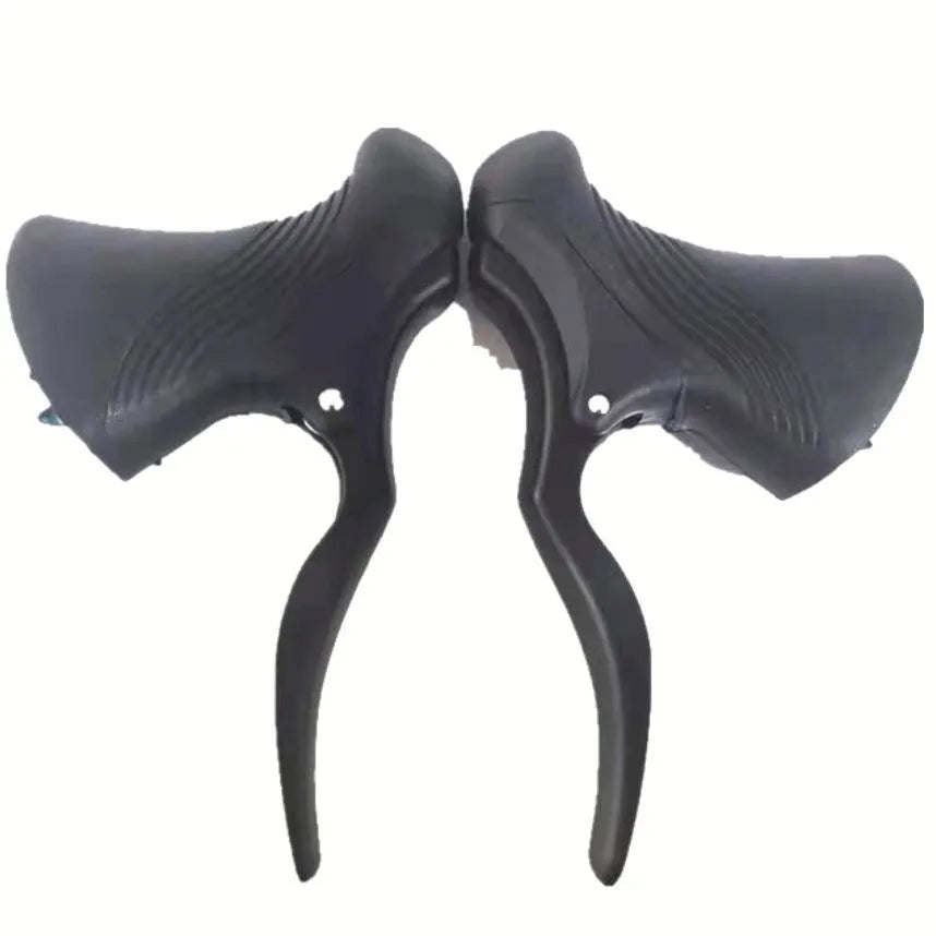 Pair of aluminium road bicycle brake handles in black and black silver for 22.2mm and 23.8mm handlebars.