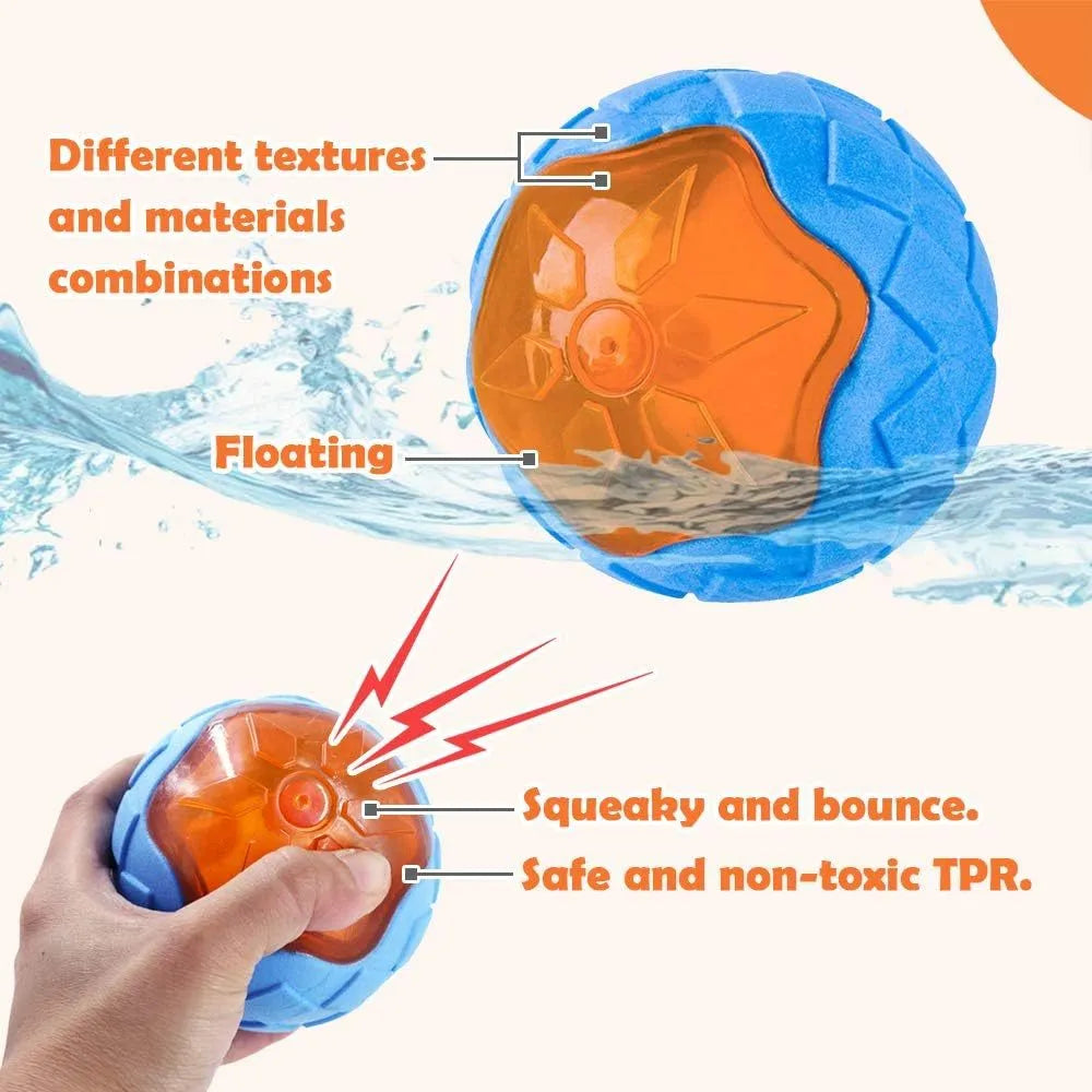 Set of three TPR dog toys: a floating ball, barbell and tyres with bumpy textures for squeaky fetch play.