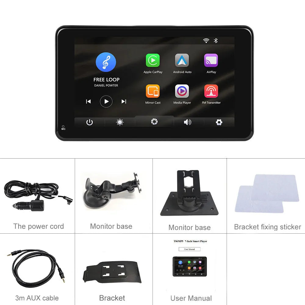 7-inch HD wired car multimedia player with universal suction cup and vertical mounting brackets on a dashboard.