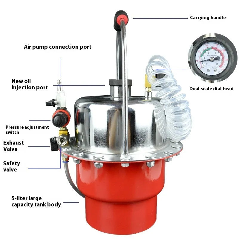 Steel-frame pneumatic brake fluid replacement tool with large tank, pressure gauge, regulator, and clear drain pipe on a workshop bench.