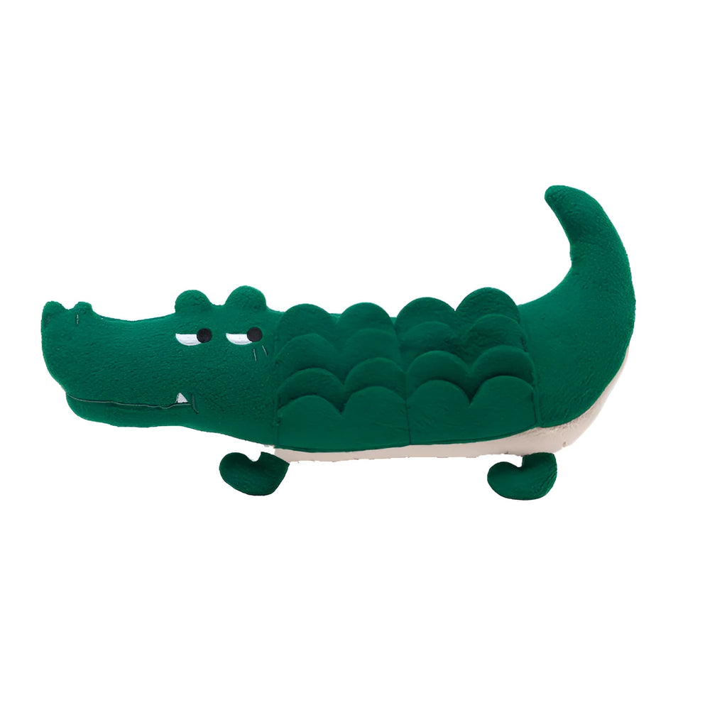 Green plush toy dog soft toy measuring 35cm by 18cm on a plain background.