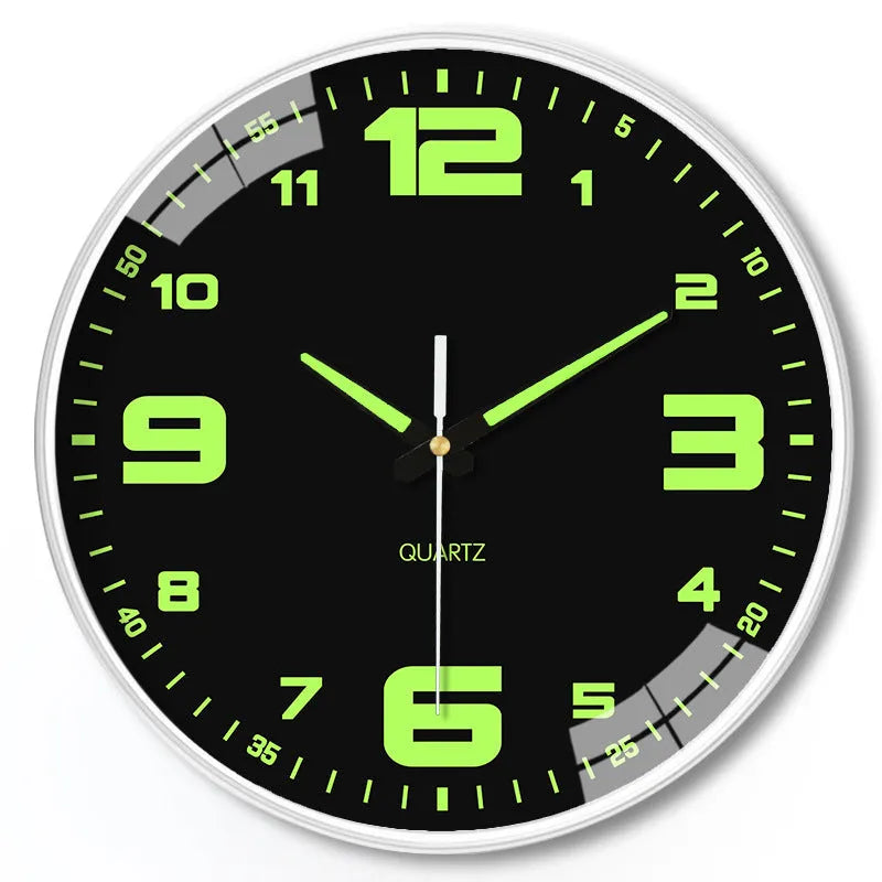20cm modern luminous wall clock with plastic shell on a wall.