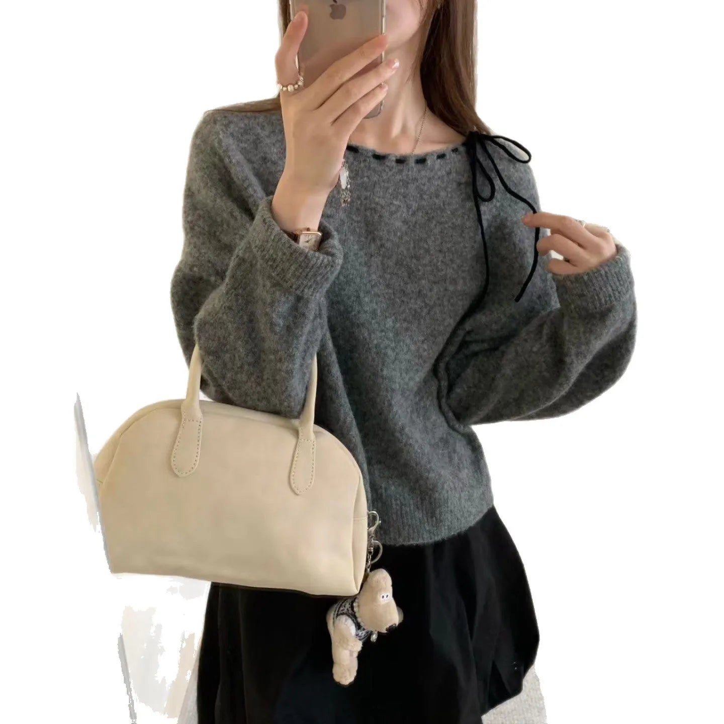 Grey loose-fitting women's pullover jumper made from regenerated cellulose fibre fabric
