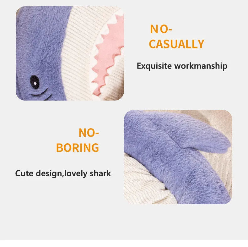Blue shark pattern velvet pet bed cushion for small dog on floor