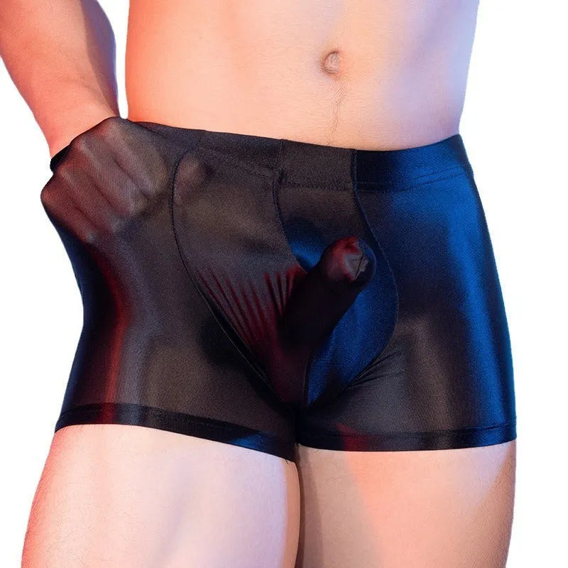 Men's boxers with elephant nose print in red nylon fabric showing mid-waist fit