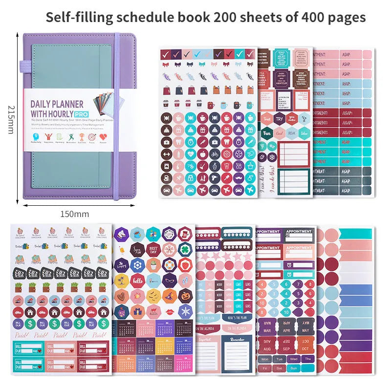 No-date notebook with elastic strap closure shown in purple, matcha green, and pink colour options