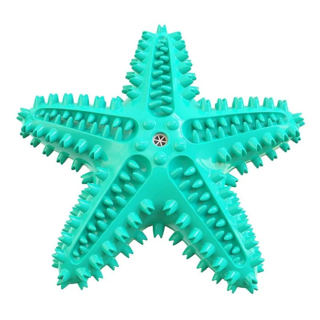 Blue, green, or yellow starfish-shaped edible TPR dog toy for large dogs with squeaky dental chew design