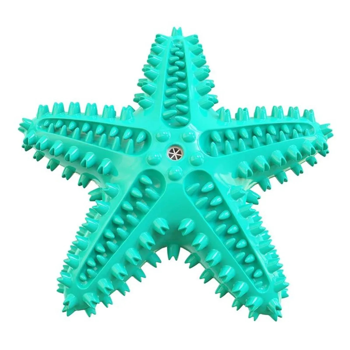 Blue, green, or yellow starfish-shaped edible TPR dog toy for large dogs with squeaky dental chew design