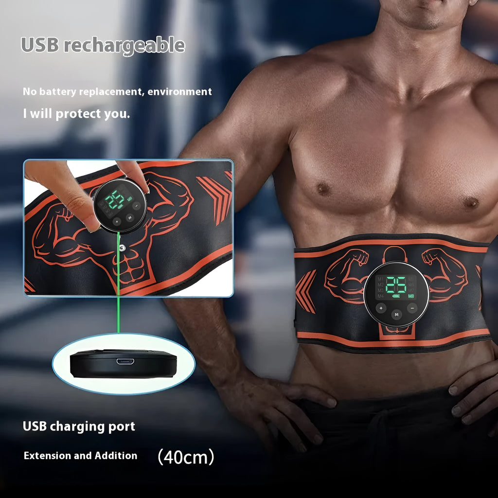 Smart EMS massage belt fitness equipment with rechargeable control unit and blue/orange colour options