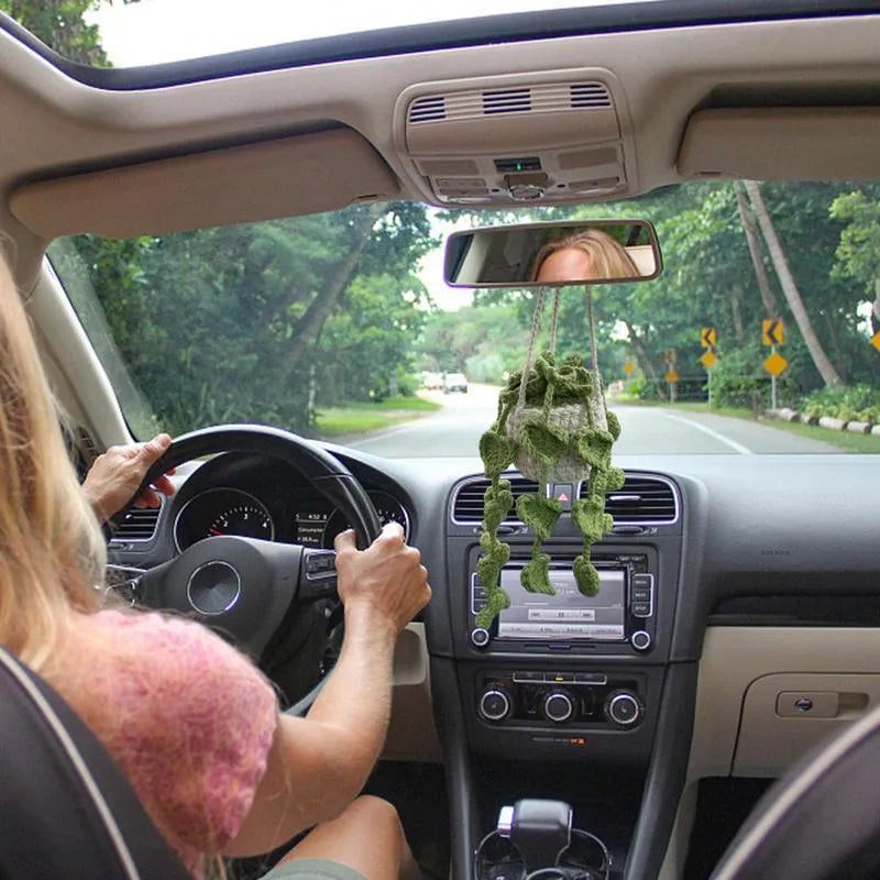 Green and white knitted wool car plant decoration hanging from 25cm white rope