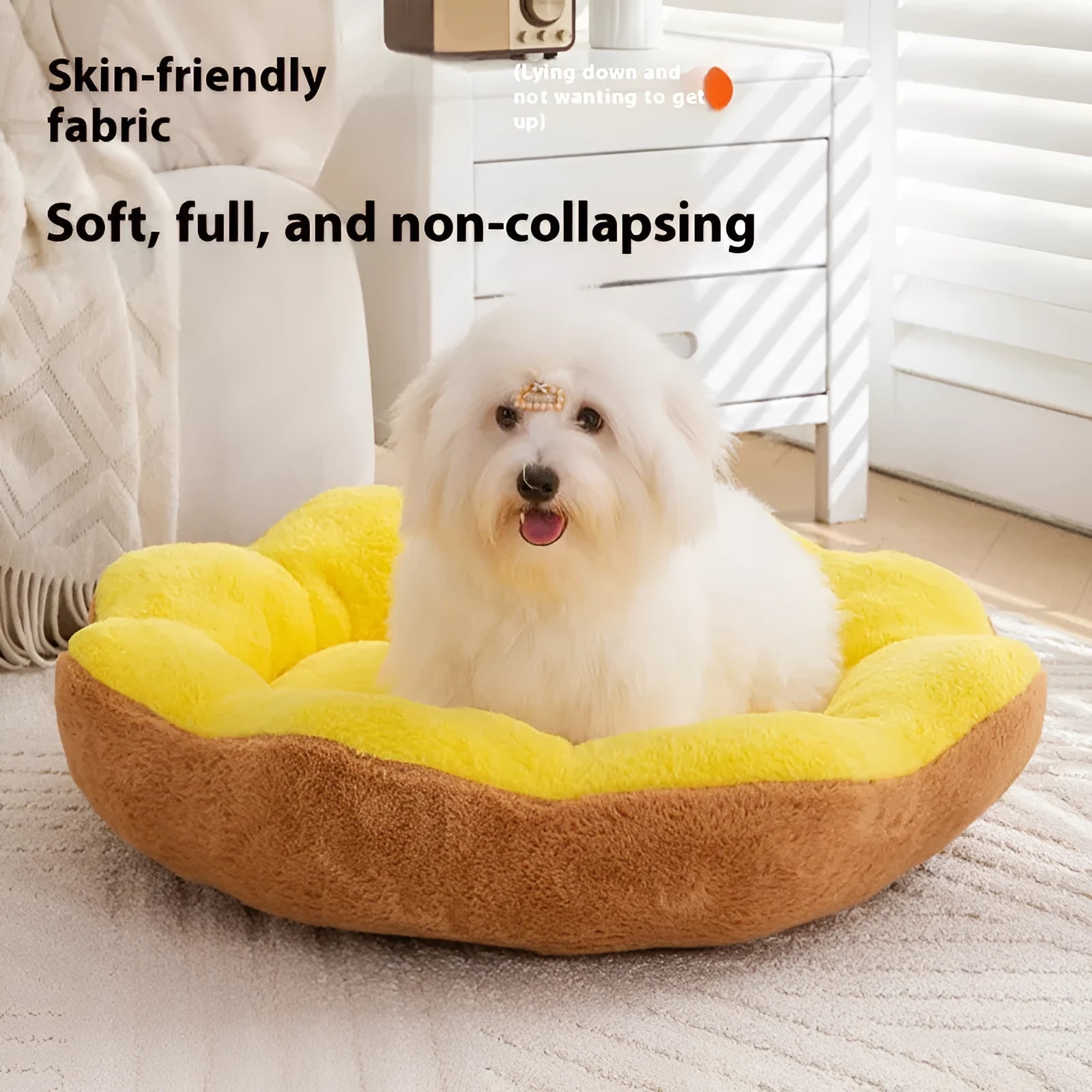 Round rabbit plush pet bed with removable cloth cover in brown gray colour, showing raised sides and nest design