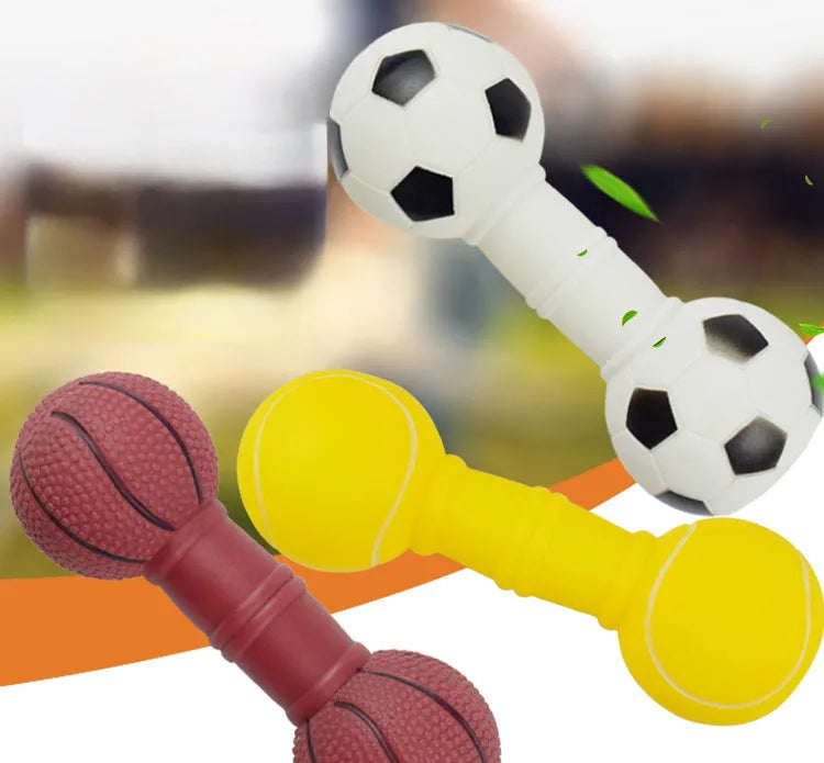 PVC football dumbbell shaped squeaky chew toy for dogs in brown, orange, white, or yellow