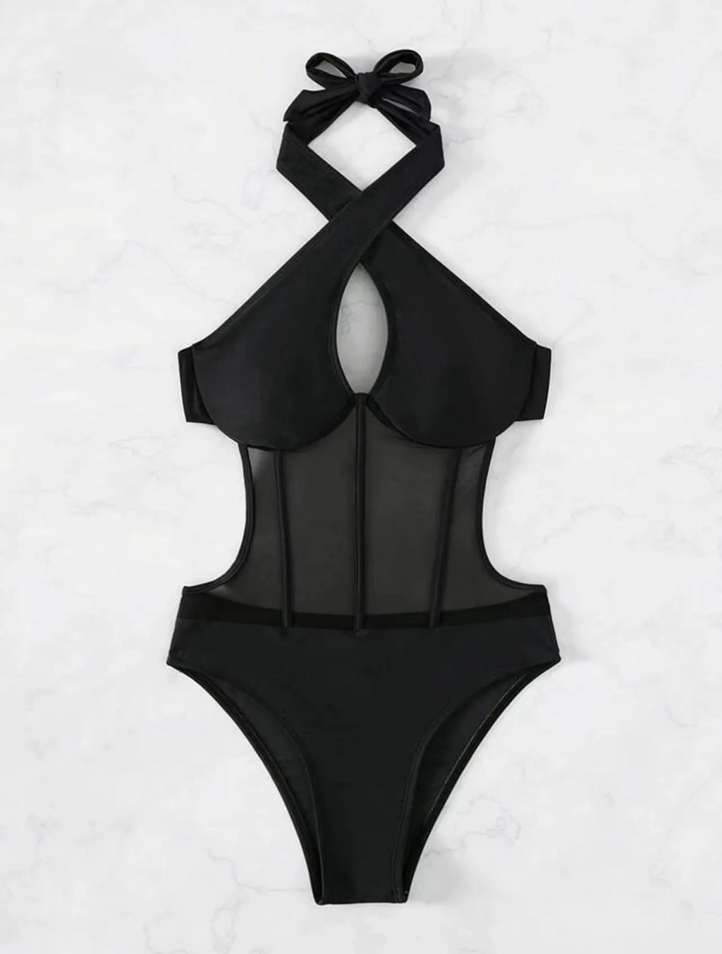 A black ladies one-piece swimsuit bikini made from nylon and spandex fabric on a mannequin.