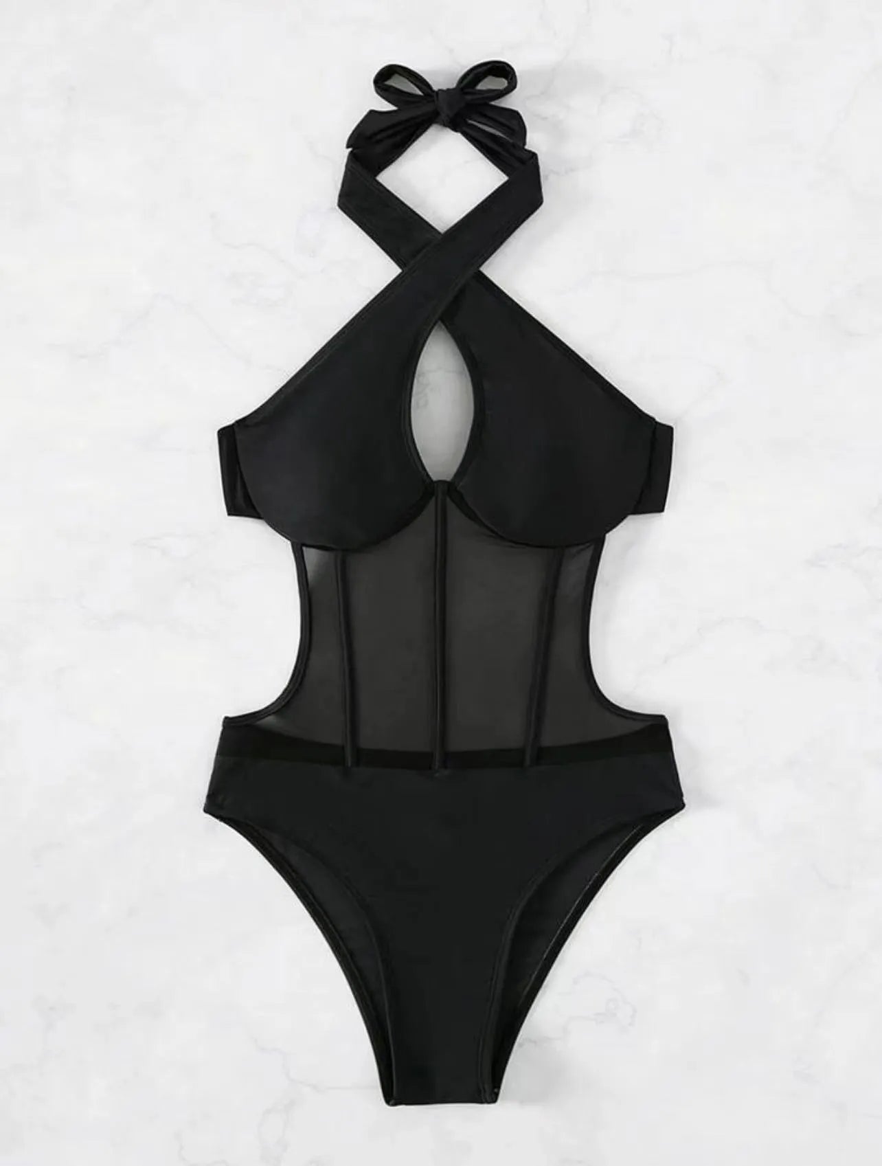 A black ladies one-piece swimsuit bikini made from nylon and spandex fabric on a mannequin.