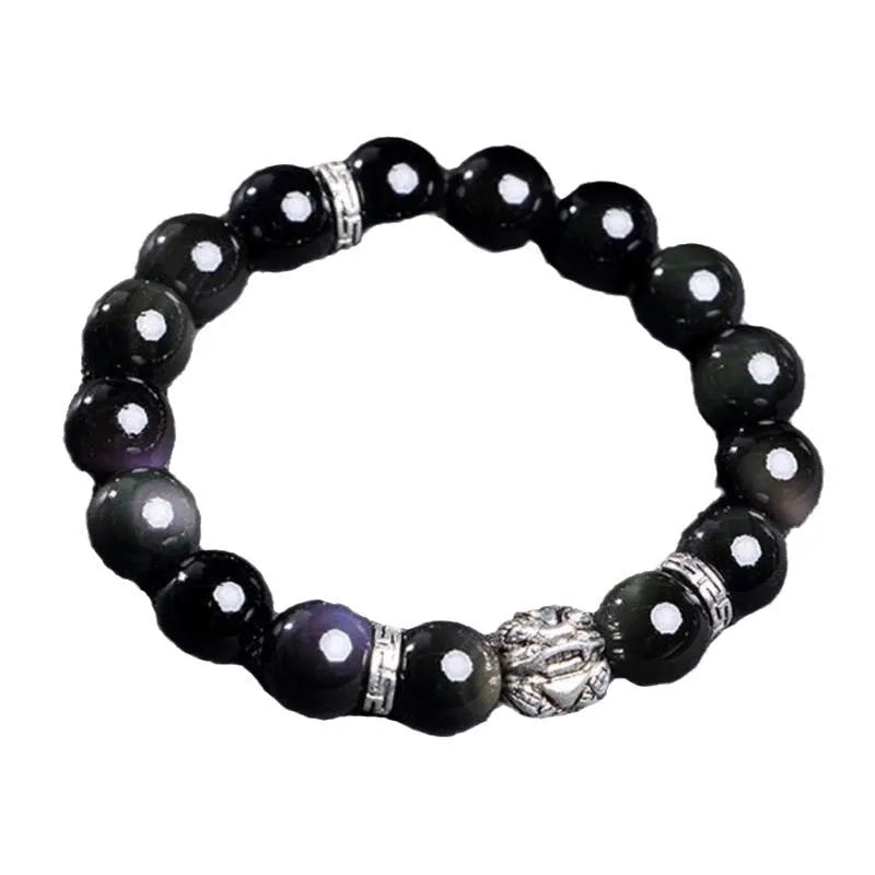 Unisex obsidian bracelet with lucky colour eye beads and silver cloud pattern detail, showing male 12mm and female 10mm sizes.