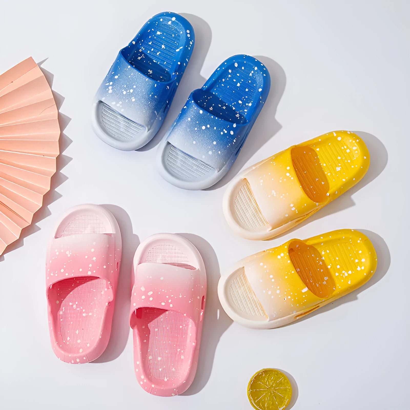 Gradient blue PVC slippers for children on a white background, showing sandal-style design.