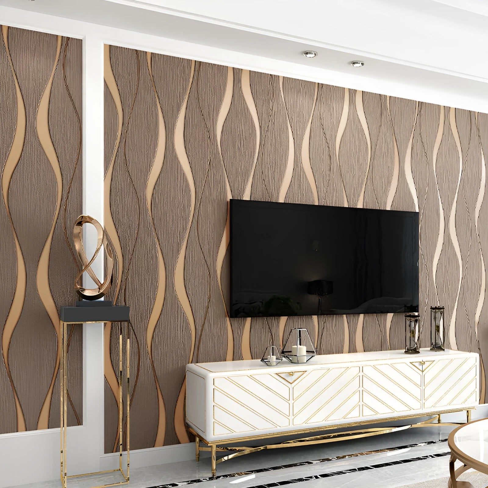 3D curved stripe decorative wallpaper with deerskin velvet texture in light grey and dark brown colours