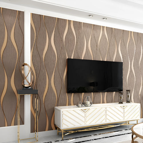 3D curved stripe decorative wallpaper with deerskin velvet texture in light grey and dark brown colours