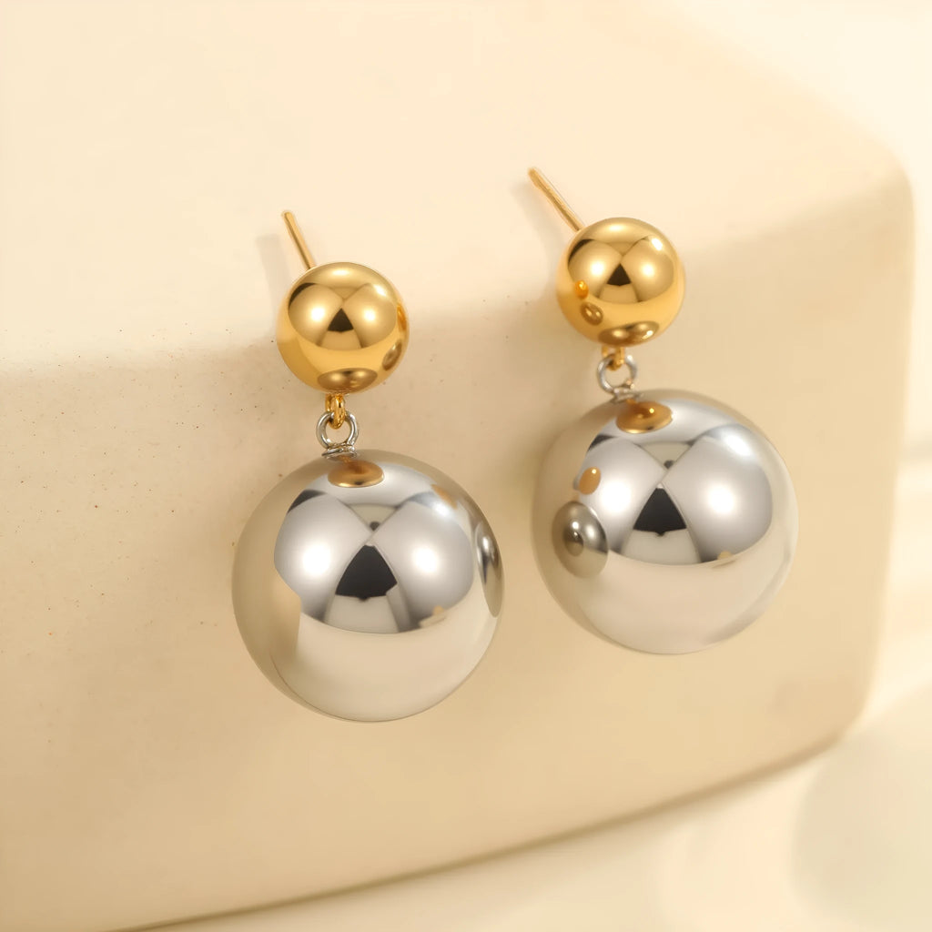 Women's stainless steel 18K gold electroplated round bead geometry ear studs