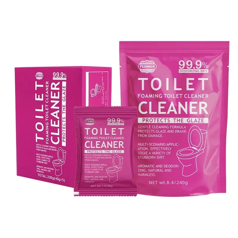 Toilet bubble powder descaling cleaner in blue ocean and pink floral fragrance packages