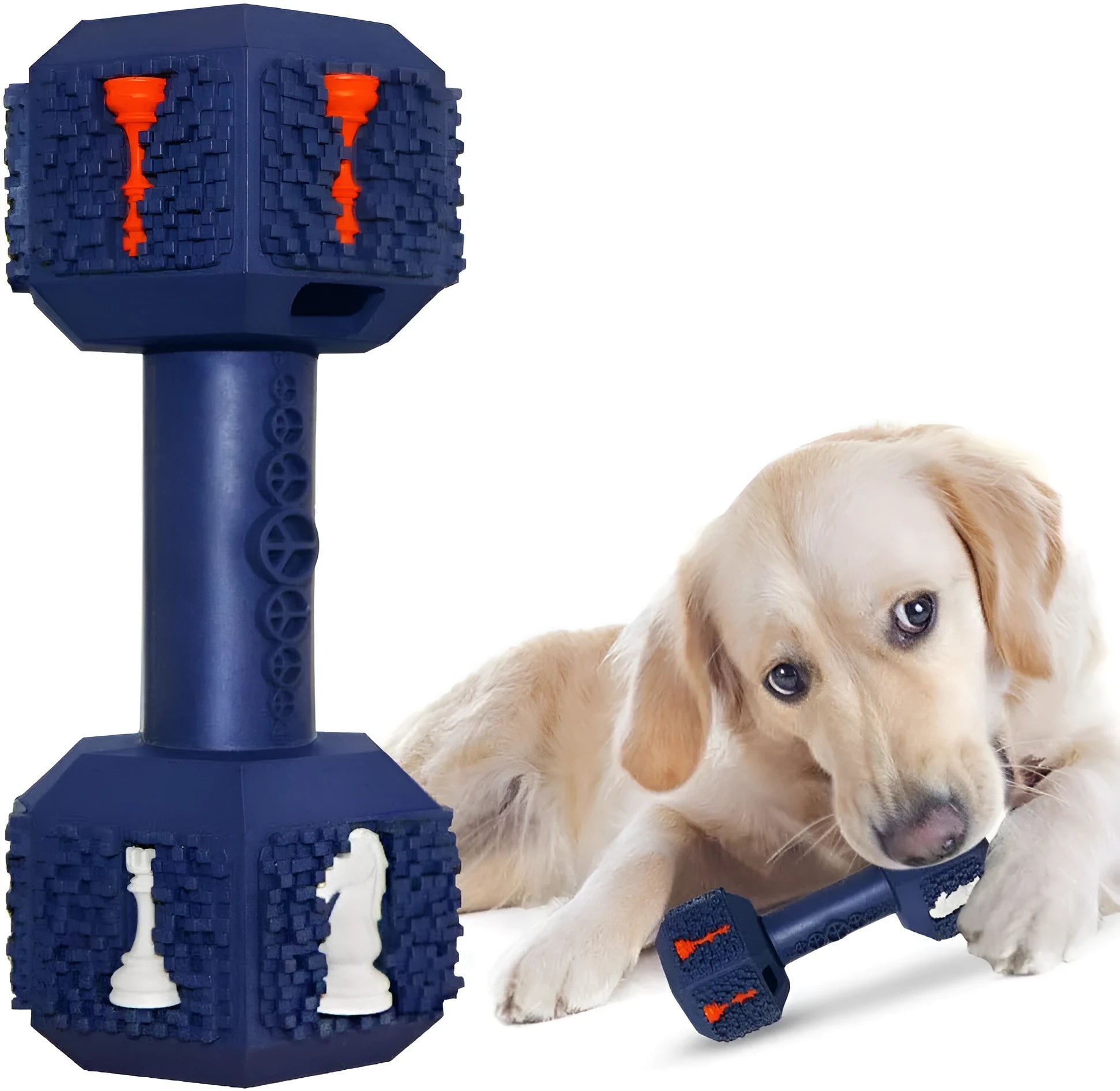 Blue durable rubber dog chew toy shaped like a dumbbell with textured surface.