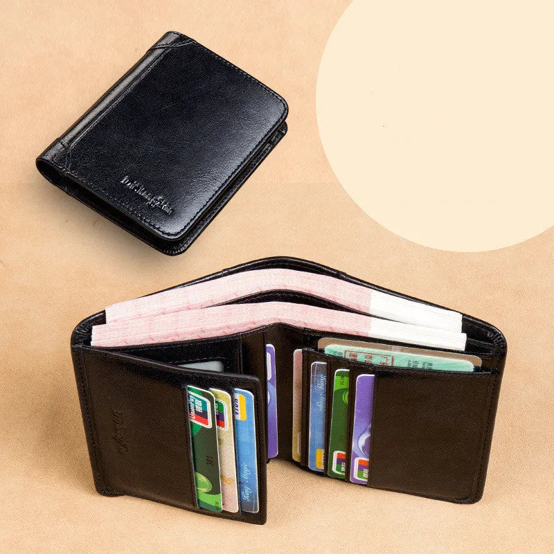 Men's black and coffee brown leather wallet open to show multiple internal card slots, note pocket, and coin compartment.