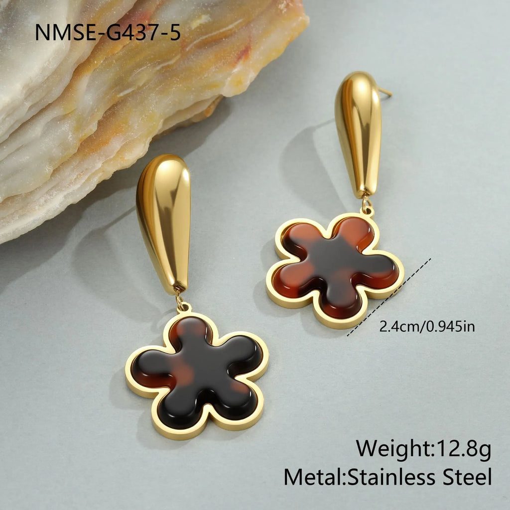 Tortoiseshell resin hawksbill colour earrings with stainless steel 18K gold electroplating in heart and flower shapes