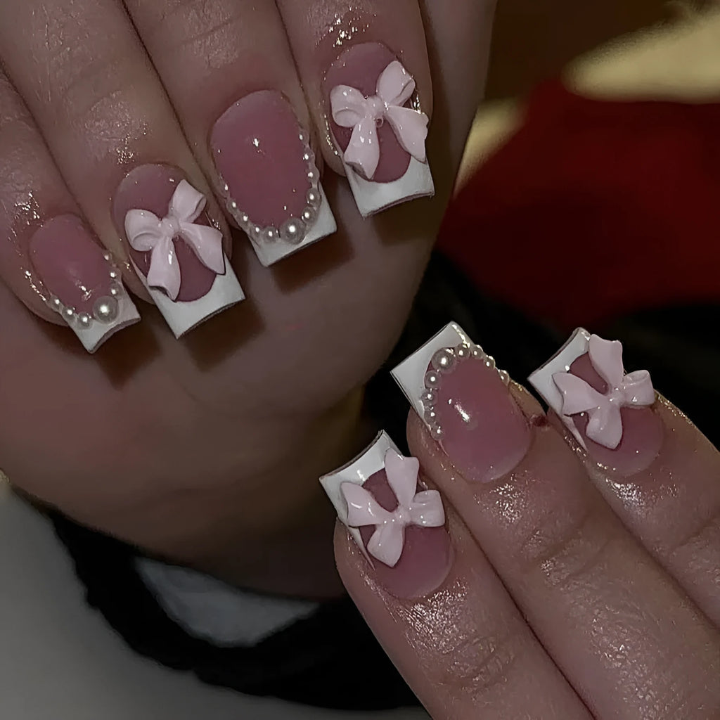French manicure nail art set with bow, tulip, and leopard print designs for short nails