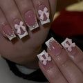 French manicure nail art set with bow, tulip, and leopard print designs for short nails