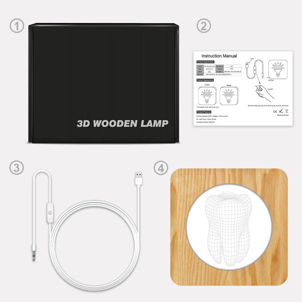 Wood colour tooth-shaped acrylic night light on a surface with a USB cable.