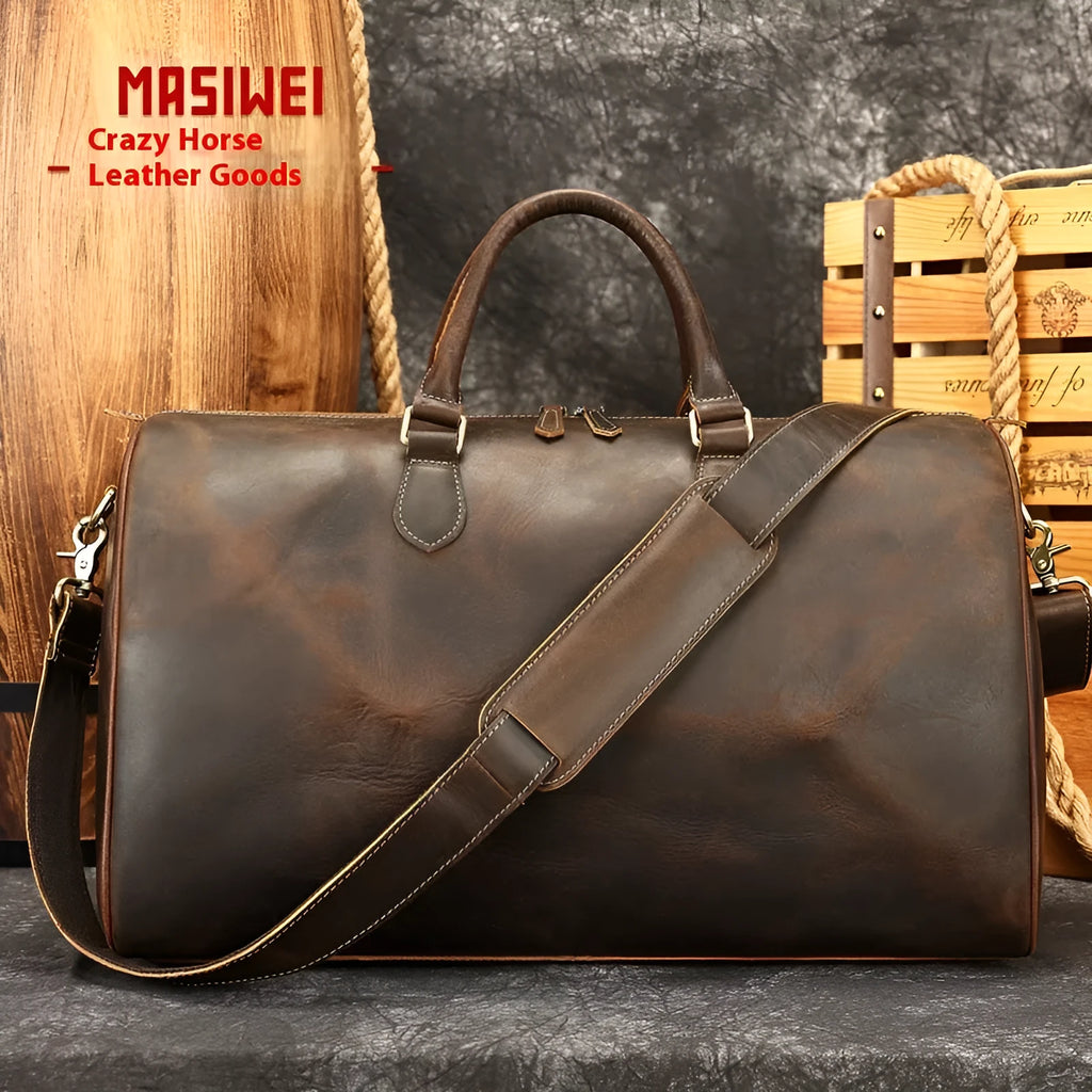 Men's brown leather crossbody bag with large main compartment showing textured cowhide exterior