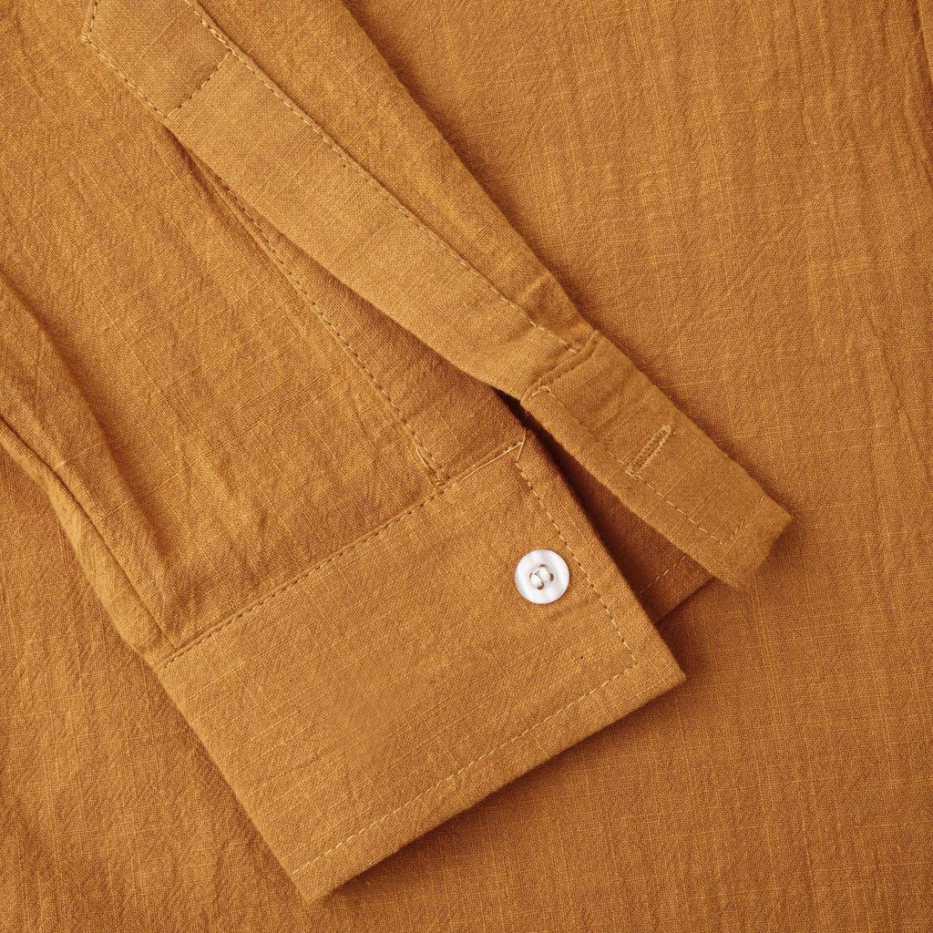 Men's brown cotton blend long sleeve shirt and pants casual set showing slim fit design