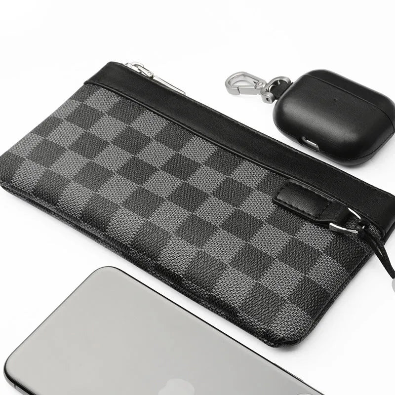 Black leather plaid men's wallet showing cowhide texture and compact 20cm size
