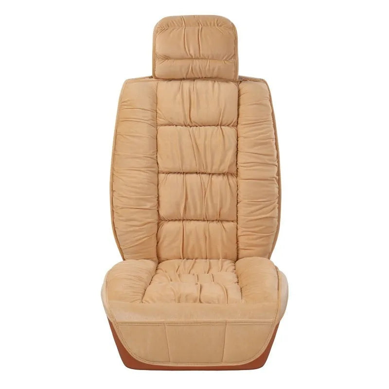 Plush winter car seat cushion cover in grey fitted on a car seat