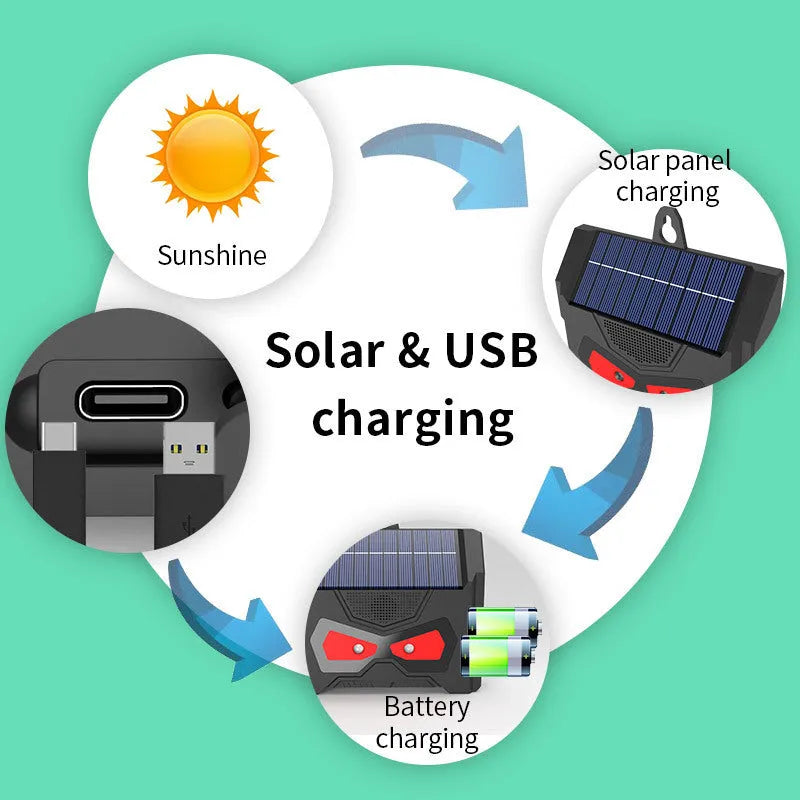 Black animal-shaped solar ultrasonic repeller with charging cable for outdoor pest control