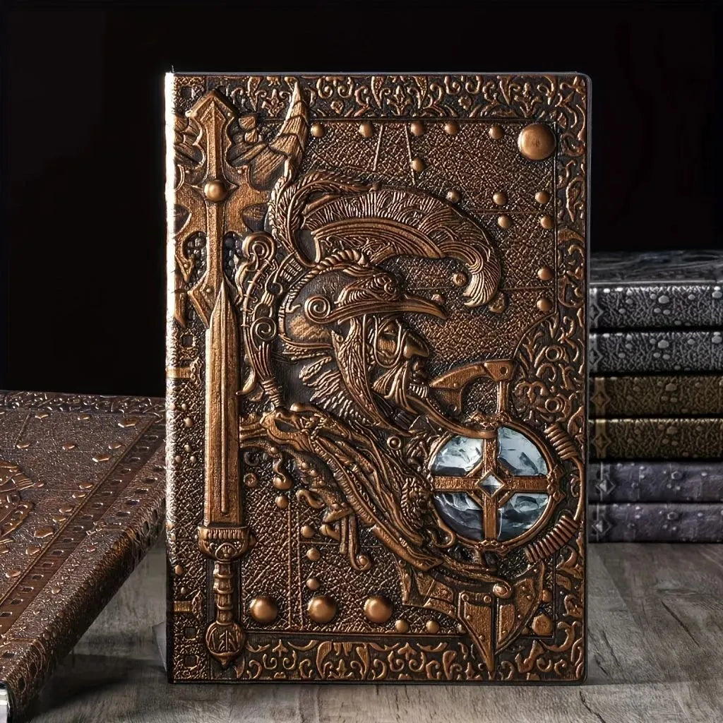 A5 leather notebook with 3D embossed warriors relief on the cover, shown in bronze colour.