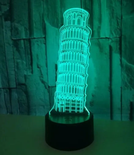 Leaning Tower of Pisa 3D acrylic nightlight with colour-changing LEDs on a black base