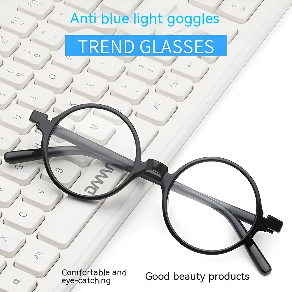 Retro round glasses with no diopters in bright black, sand black, tofu pudding, and transparent grey colours