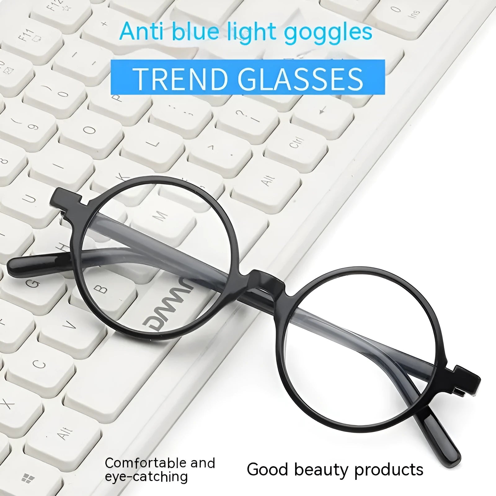 Retro round glasses with no diopters in bright black, sand black, tofu pudding, and transparent grey colours