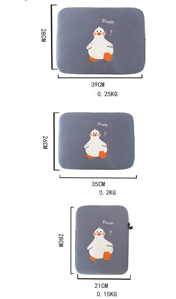 Blue cotton tablet case with duck embroidery design and zipper closure for 11-16 inch tablets