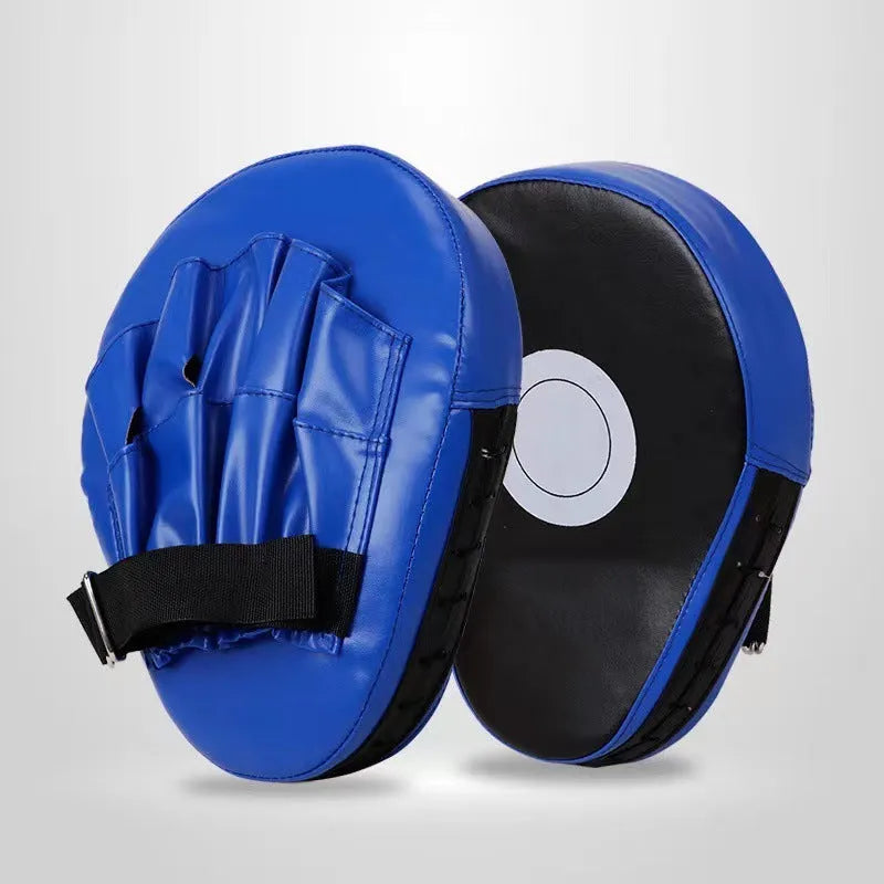 Boxing punch mitts set showing curved and flat hand target styles in red, black, blue, and yellow colour combinations.