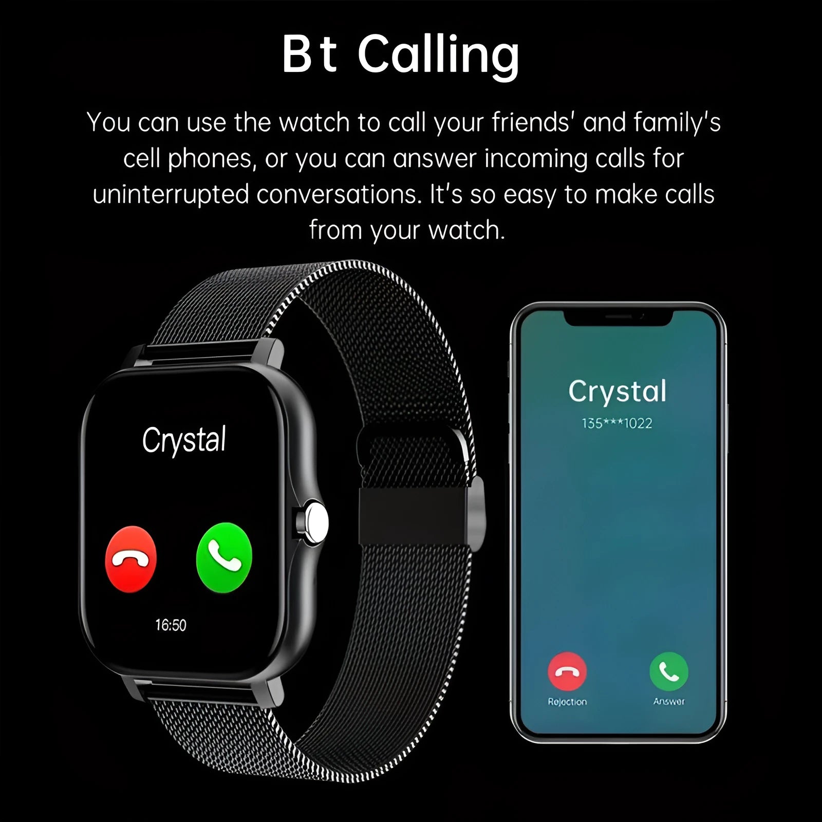 Smart watch with 1.44-inch touchscreen displaying health metrics and call interface