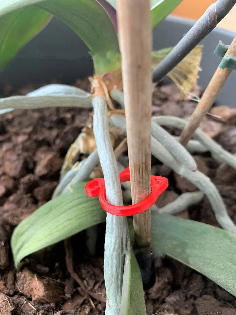 Red, yellow, green, and white cat-shaped plastic gardening clip for plant stems.